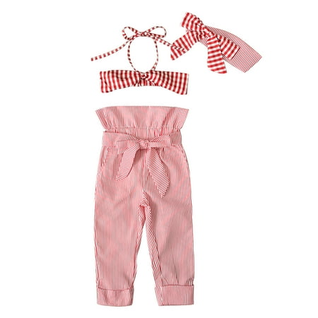 

Bescita Toddler Baby Girls Stripe Print Short Top Frenulum Bow Trousers Long Pants Headdress Suit