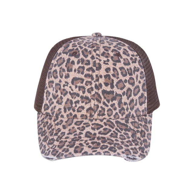 Low Profile Canvas Leopard Print Mesh Trucker Cap , Brown