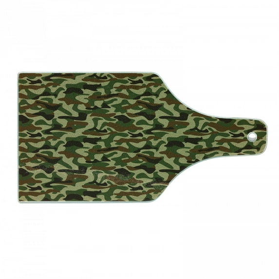 Camouflage Cutting Board, Squad Uniform Design with Vivid Color Scheme Hunting Camouflage Pattern, Tempered Glass Cutting and Serving Board, Wine Bottle Shape, Green Brown Khaki, by Ambesonne