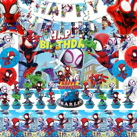 Spidey Birthday Decorations, Party Supplies Set Include Banner, Balloons,Backdrop, Hanging Swirls, Cake Cupcake Toppers, Tablecloth for Boys Girls Theme Party