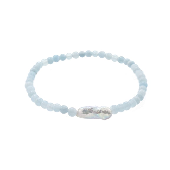 LTC Designs Round Aquamarine Bracelet with White Cultured Freshwater Biwa Stick Pearl, 7" for Adults