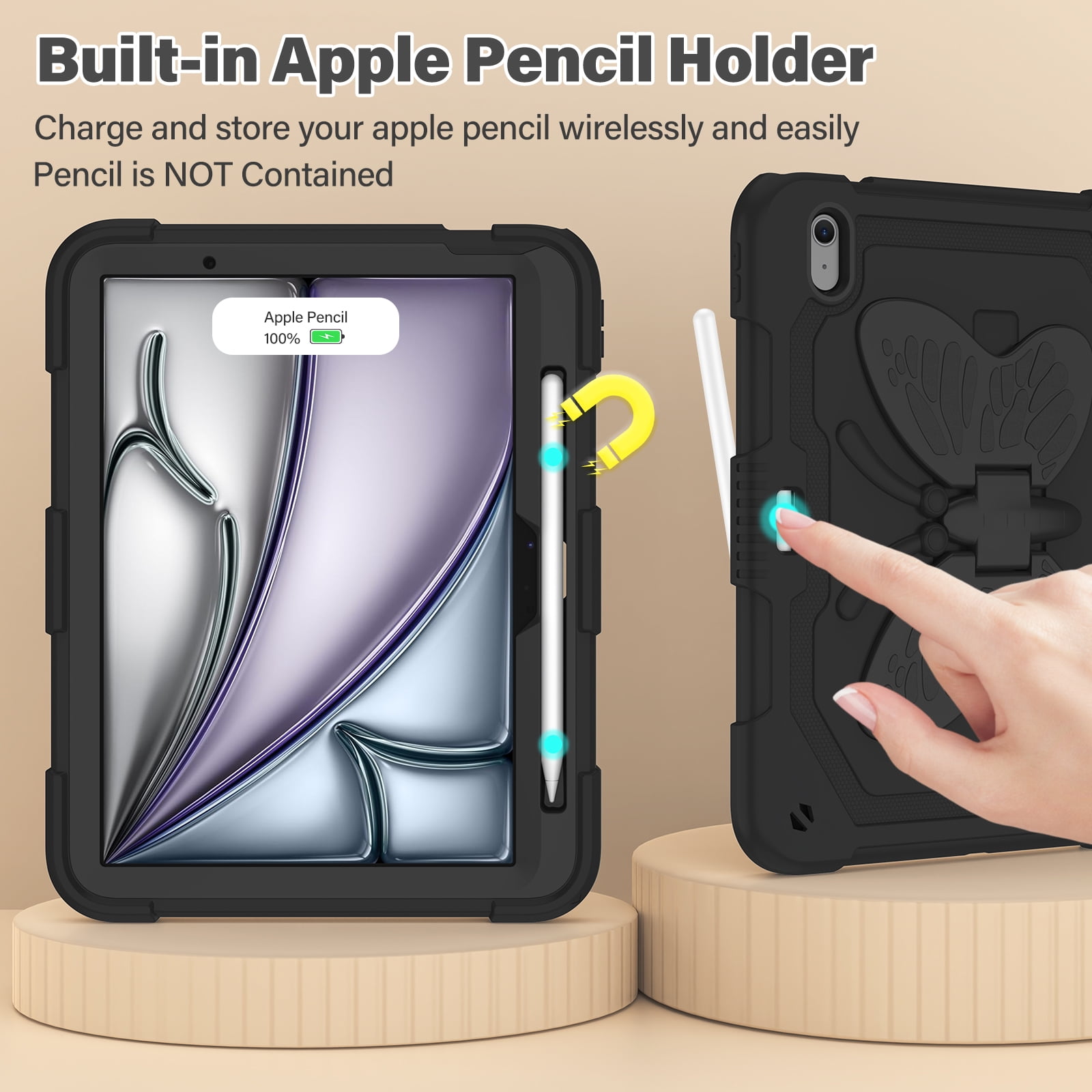 For iPad Air 11 M4 M3 M2 2026 2025 2024 Case, Cute Butterfly Design Heavy Duty Shockproof Shoulder Strap Pencil Holder Kickstand Bumper Kids Friendly Rugged Case for Apple iPad Air 11", Black