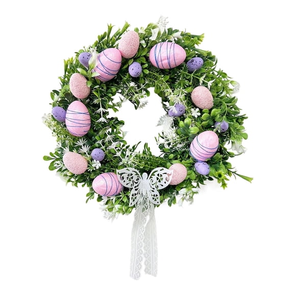 12 Inch Spring Easter Green Leaves Wreath for Front Door,Easter Bunny Wild Flower Eggs Wreath for Home Decoration