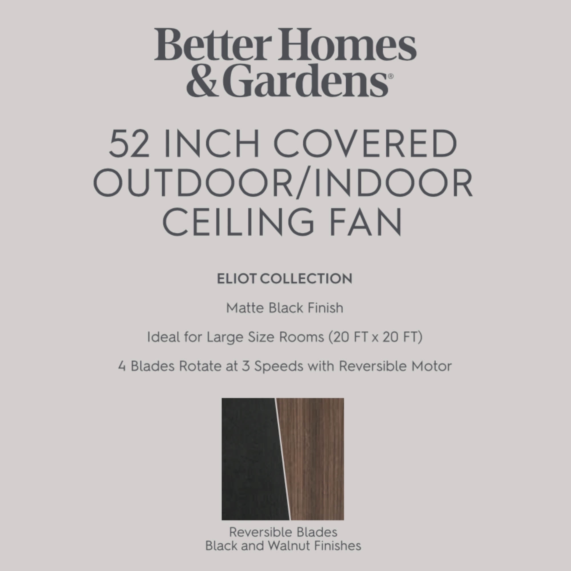 Better Homes & Gardens 52" Black Modern Indoor/Outdoor Ceiling Fan with Light, 4 Blades, Pull Chains & Reverse Airflow