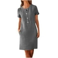 thumbnail image 2 of Zpanxa Women's Short Sleeve Button Dress Linen Like Pocket Round Neck Casual Shift Dress, 2 of 5