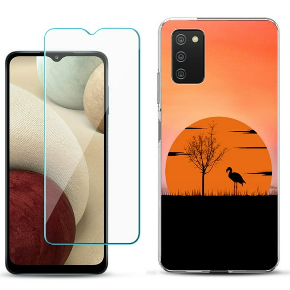 Slim-Fit TPU Phone Case Compatible with Samsung Galaxy A02s, with Tempered Glass Screen Protector, by OneToughShield ® - Sunset Flamingo