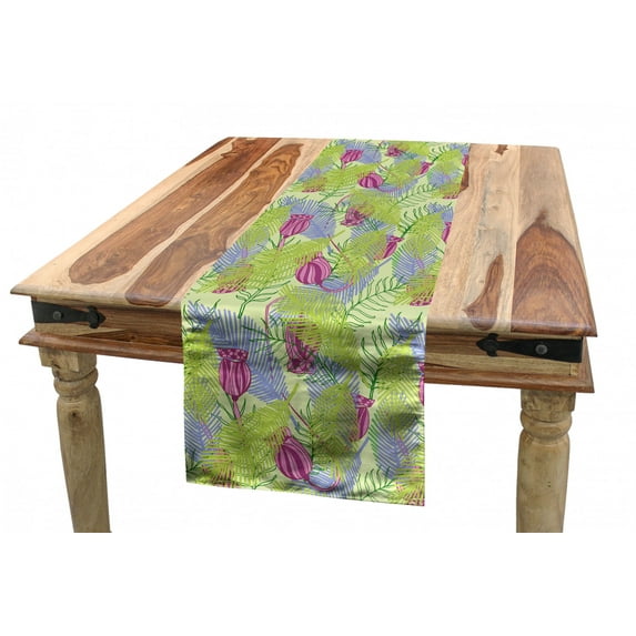 Botanical Table Runner, Soft Pastel Colored Pointy Palm Tree Leaves and Abstract Style Bubble Pink Flower, Dining Room Kitchen Rectangular Runner, 3 Sizes, by Ambesonne