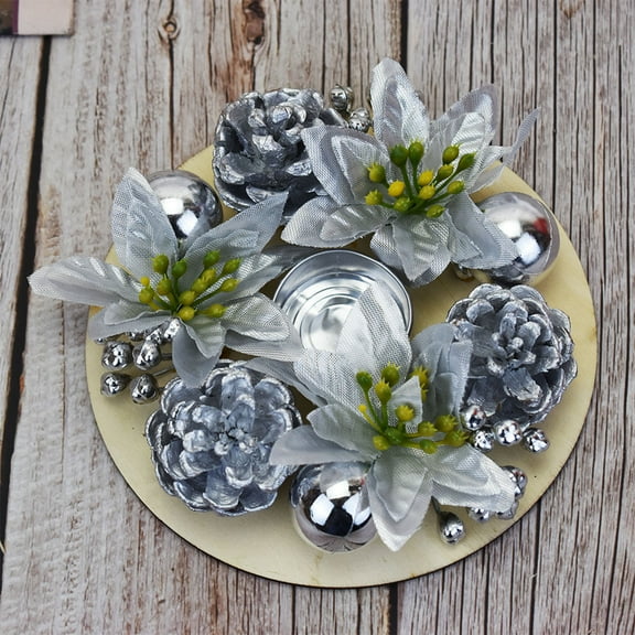 Luxcidy Christmas Candle Wreaths Rings, Artificial Wreaths Xmas Poinsettia Garland Candle Ring Holder for Christmas Party Table Centerpieces Wedding Wall Door Window Decoration(Silver)
