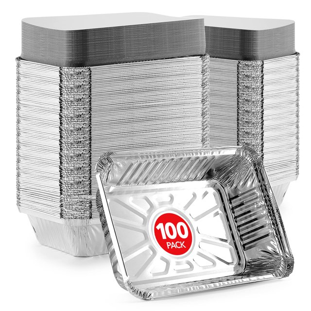 2 Lb Small Aluminum Pans with Lids (100 Pack) - Foil Pan + Cardboard Cover, Disposable Cookware, Takeout Trays - To Go Disposable Food Conta