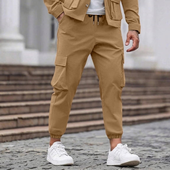 DJDLJWCJ Mens Cargo Pants Stretch Straight Leg Elastic Waist Pants Multi-Pocket Solid Winter Outdoor Hiking Pants Khaki XL