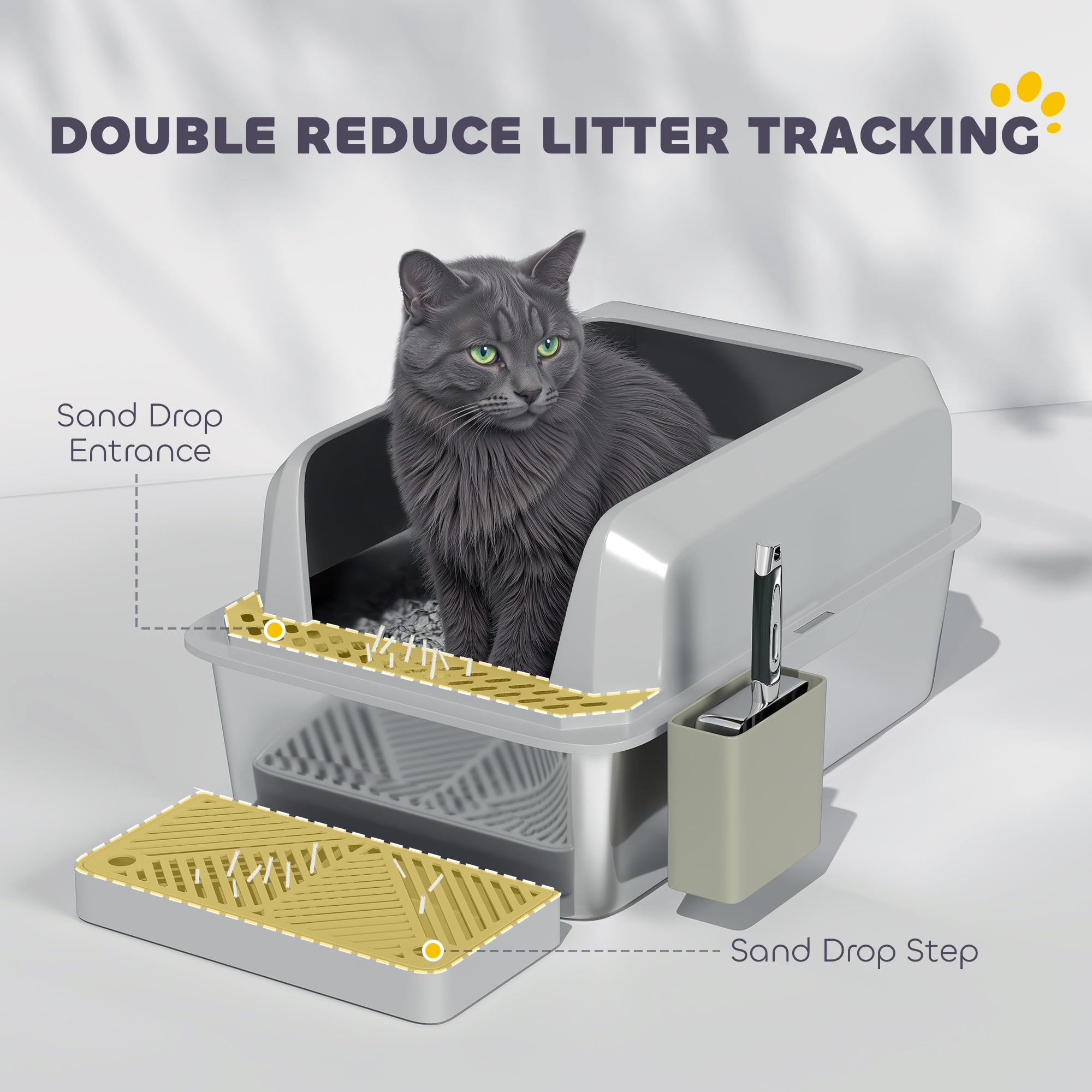 PawHut Stainless Steel Litter Box, Metal Litter Box High Sided, Anti-Urine Leakage, Non-Sticky, with Metal Scoop & Scoop Holder, 24" x 16" x 11"