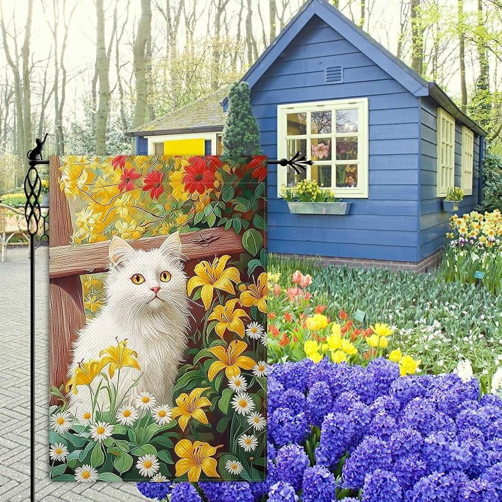 Spring Cute White Cat Garden Flag Spring Summer Floral Flowers Garden Flag Vertical Double Sided Rustic Farmland Burlap Yard Lawn Outdoor Decor