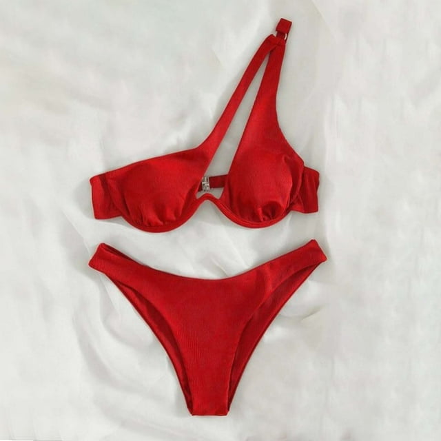 Traje de baño de dos piezas para mujer, trajes de baño para mujer, bikini de dos piezas con tirantes divididos y soporte de acero, color liso, traje de baño de nailon para mujer