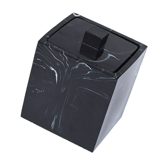 Cotton Swabs Holder Resin Marble Texture Cotton Swabs Storage Box with Lid Dustproof Toothpick Canister Organizer for Cosmetic Home (Black)