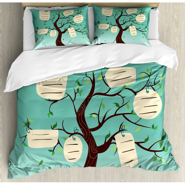 Family Duvet Cover Set Queen Size, Family Concept Tree with Hanging Name Tags on a Turquoise Backdrop, Decorative 3 Piece Bedding Set with 2 Pillow ...