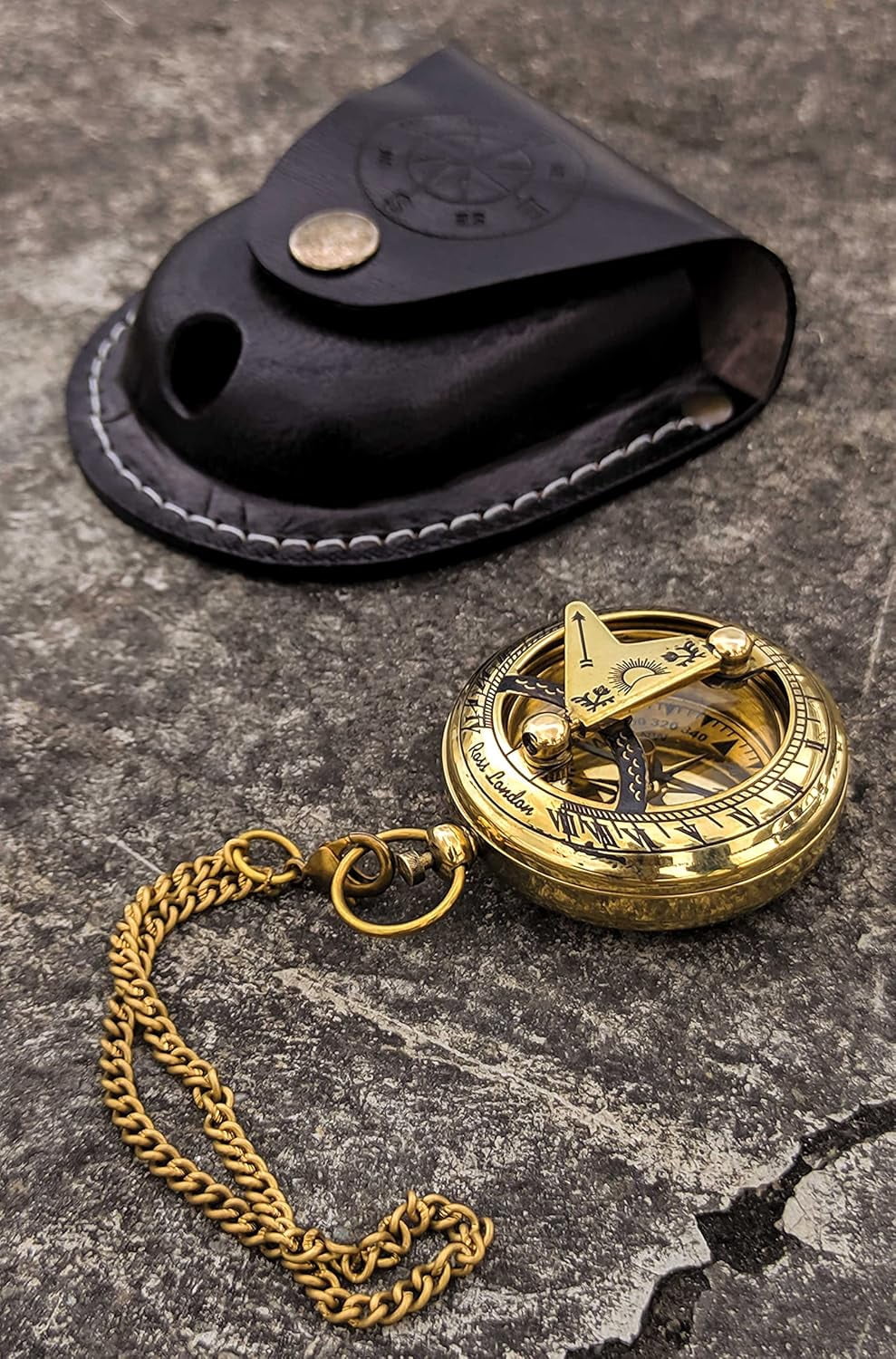 Brass Sundial Compass with Leather Case and Chain - Push Open Compass