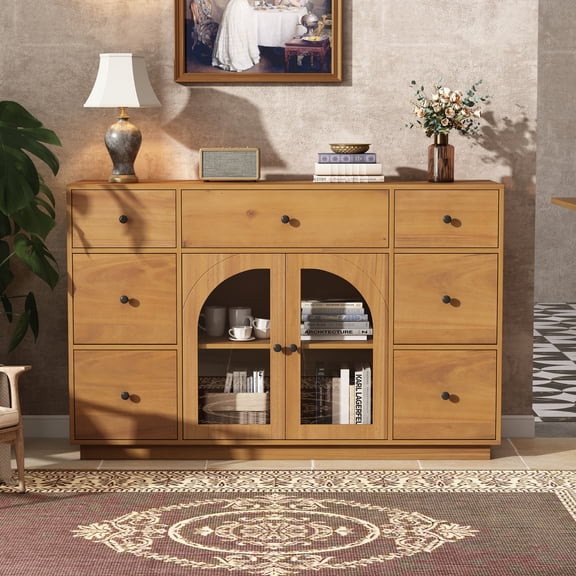 55" W Storage Cabinet with 7 Drawers, Buffet Cabinet with Storage, Large Sideboard with 2 Door, Modern TV Stand Coffee Bar Cabinets for Living Room, Kitchen, Entryway, Natural