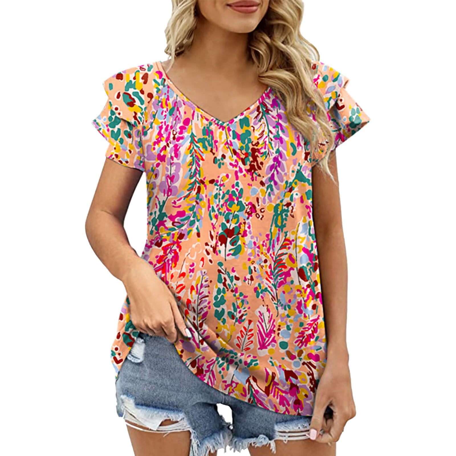Womens Floral Print Tops 2023 Summer Double Ruffle Short Sleeve V Neck Casual Blouses