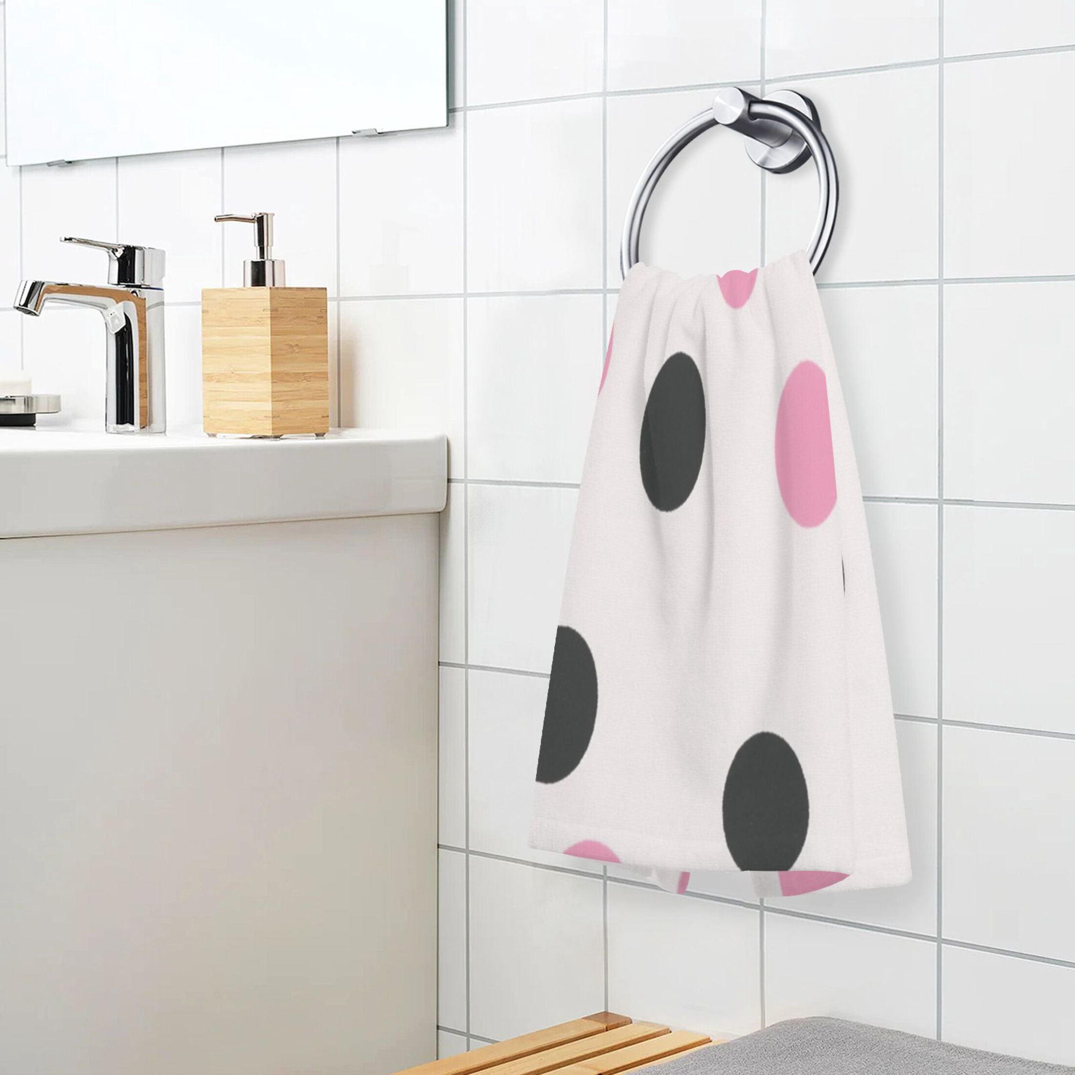 2 Pcs Absorbent Face Towel Bath Hand Towels Soft Breathable Cotton Towel Set for Bathroom Kitchen Hotel Spa Decor Pink and Black Dots