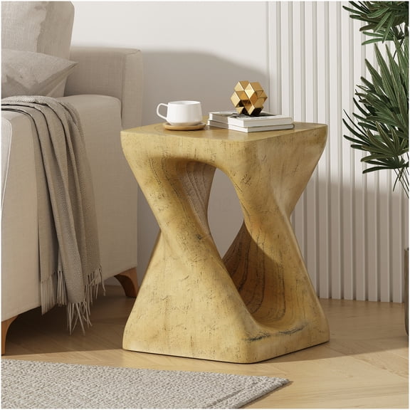 Spiral Twist End Table, Natural Wood-Like Finish, Indoor Outdoor Accent Table