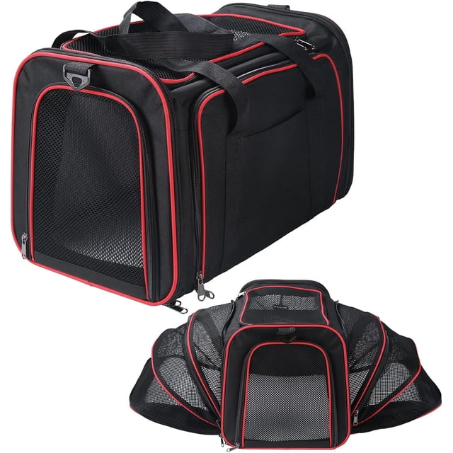 Bolsa de transporte transpirable y expandible para perros y gatos, bandolera plegable con colchón desmontable, jaula de transporte para camping, senderismo y viajes (mediana)