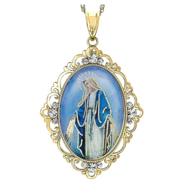 Brilliance Fine Jewelry Sterling Silver and 18K Gold Plated Virgin Mary with Crystal Pendant, 18" Necklace