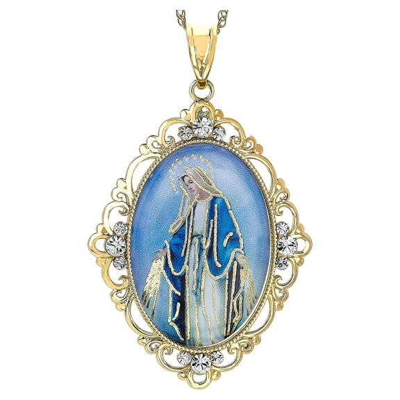 Brilliance Fine Jewelry Sterling Silver and 18K Gold Plated Virgin Mary with Crystal Pendant, 18" Necklace