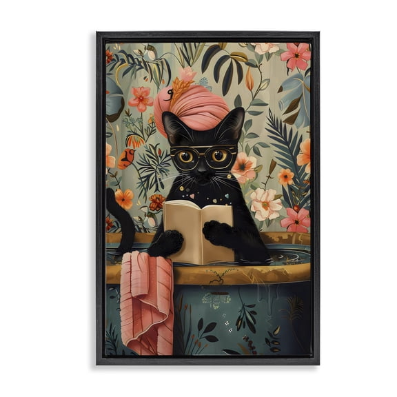 Stupell Industries Eclectic Kitty Wash Day Bathtub Black Floating Frame Canvas Art, 17 x 25, by LSR Design Studio