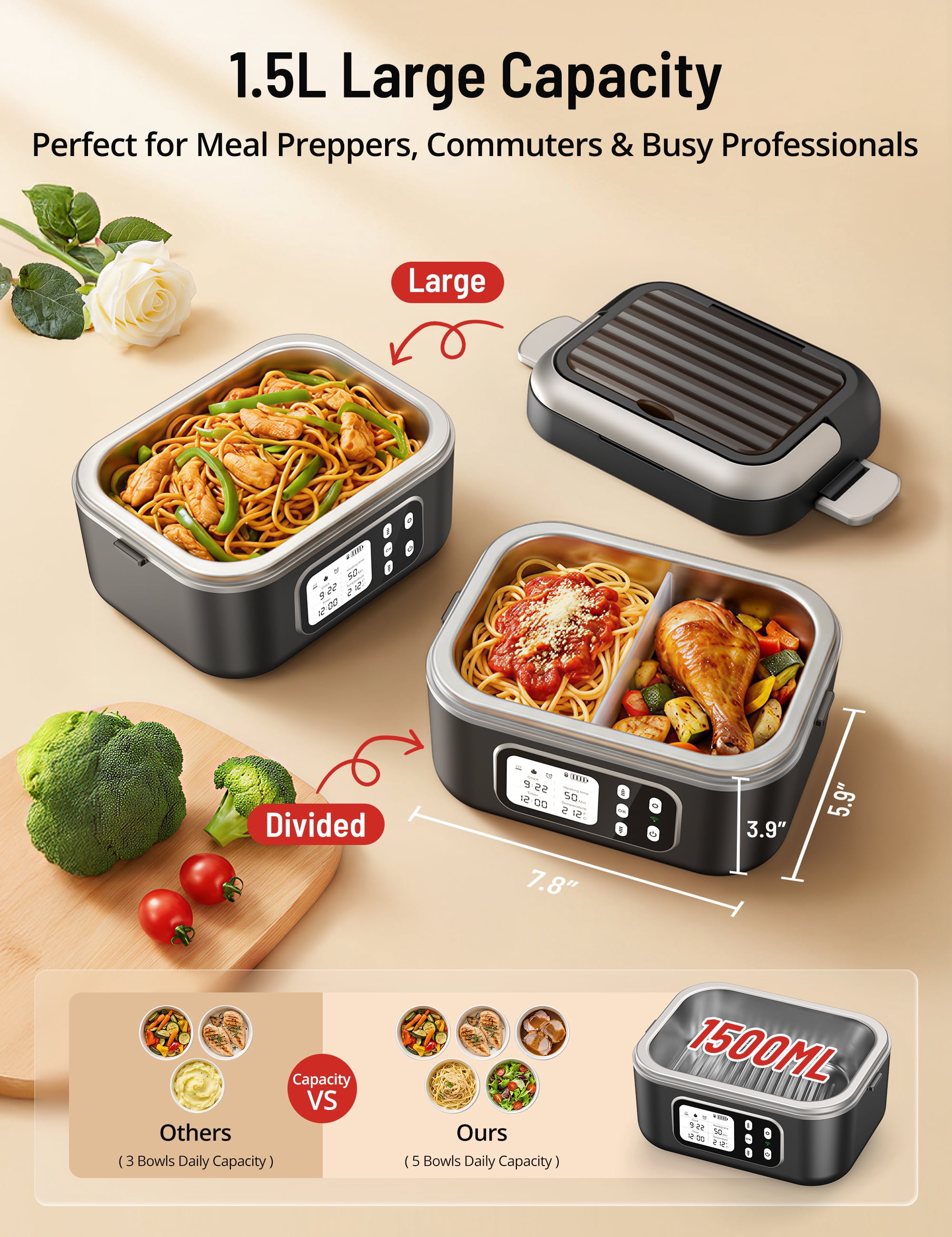 Cordless Electric Lunch Box for Adults,1.5L & 27000mAh Heated Lunch Box Battery Powered with Automatic Heating, 6 Cups Portable Food Warmer with Removable Tray Divider