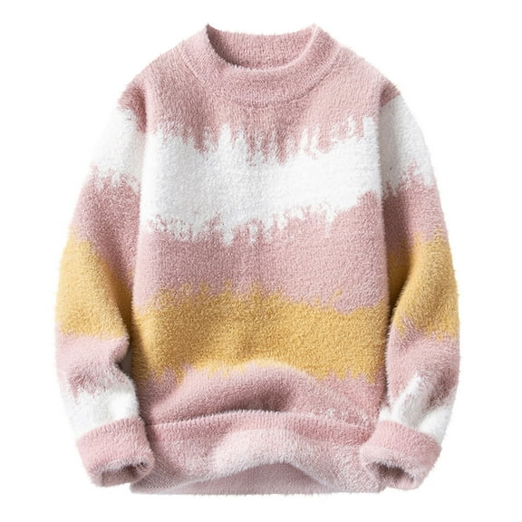 hotojiny Men Sweaters Oversized Fashion Colorblock Fleece Knit Pullover Autumn Winter Thermal Sherpa Lined Long Sleeve Clothing