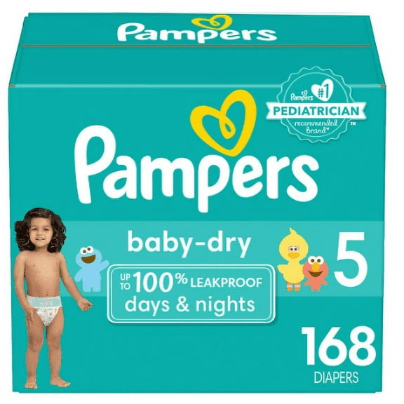 Pampers Baby Dry Diapers, Size 5, 27 lbs, 168 Count, Absorbent Disposable Diapers