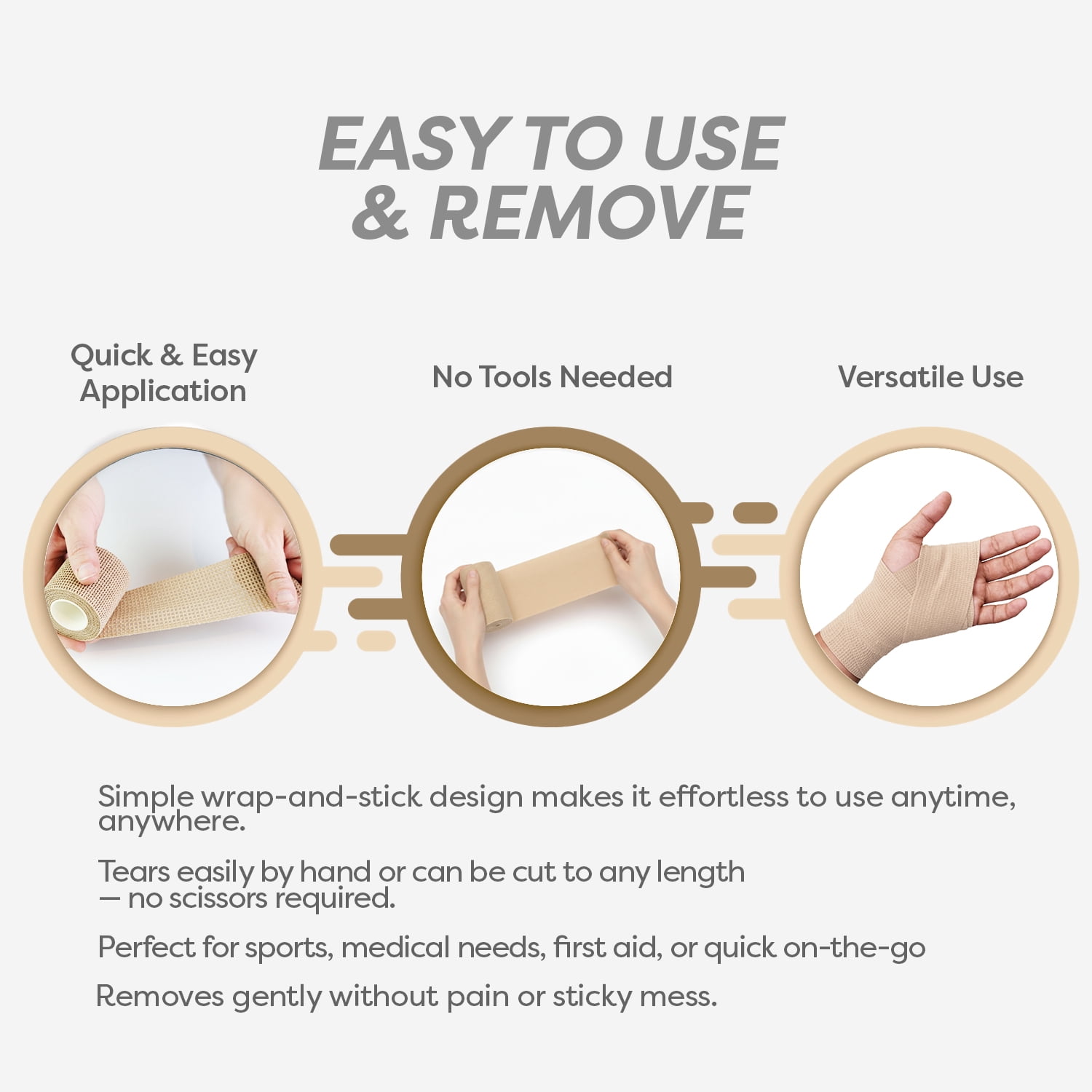 Dynarex Sensi-Wrap Self-Adhesive Bandages, 12-Pack, 6" x 5 yards, Tan, Latex-Free, Colored Elastic Cohesive Athletic Tape, Tattoo Grip & Vet Wrap