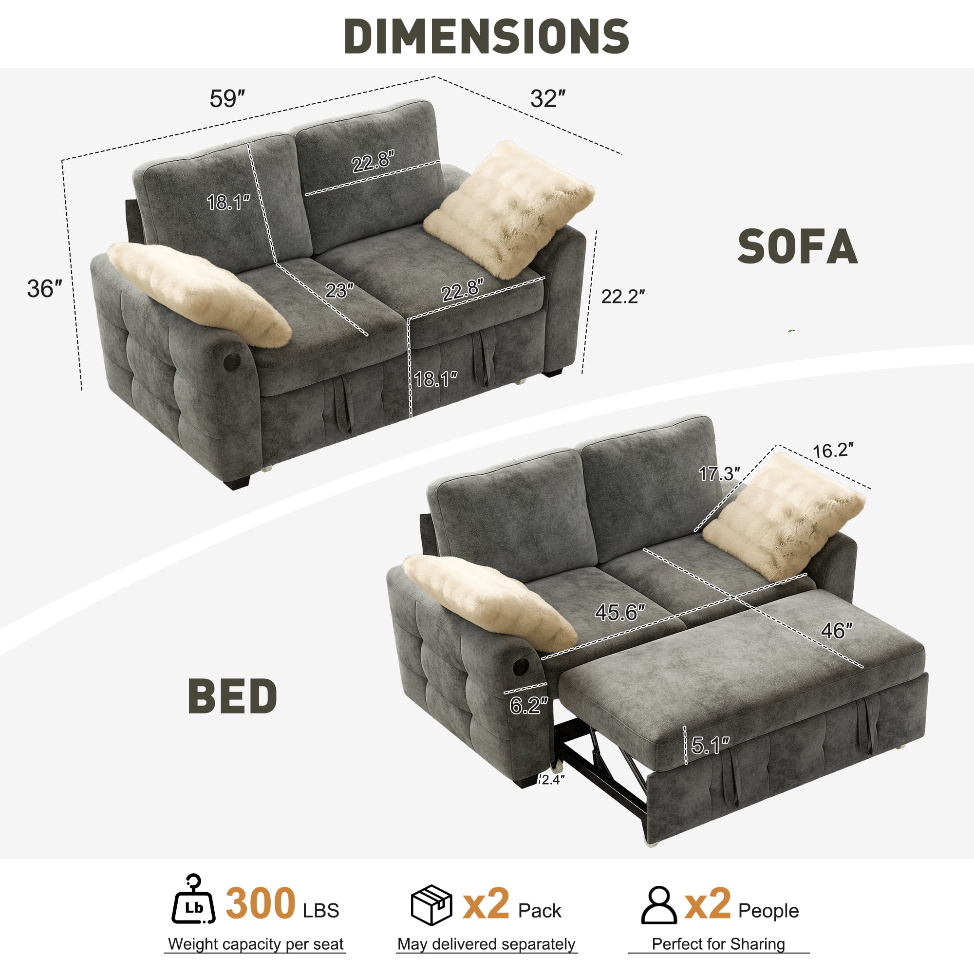 BedLuxury 59" Sleeper Loveseat With Pull Out Bed, Corduroy Sofa Bed With USB Charging for Small Spaces, Chenille Gray