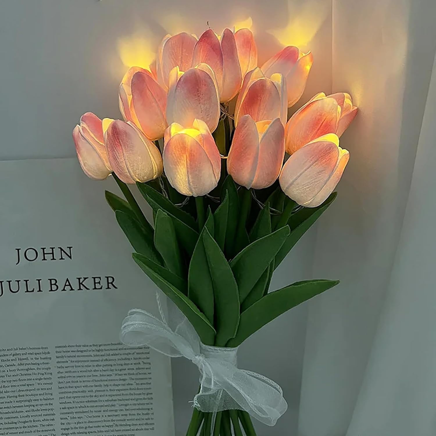 Artificial Tulip Flowers LED Lights Fake Tulips Bouquet Battery Powered Real Touch Led Night Light for Home Office Table Centerpiece Wedding