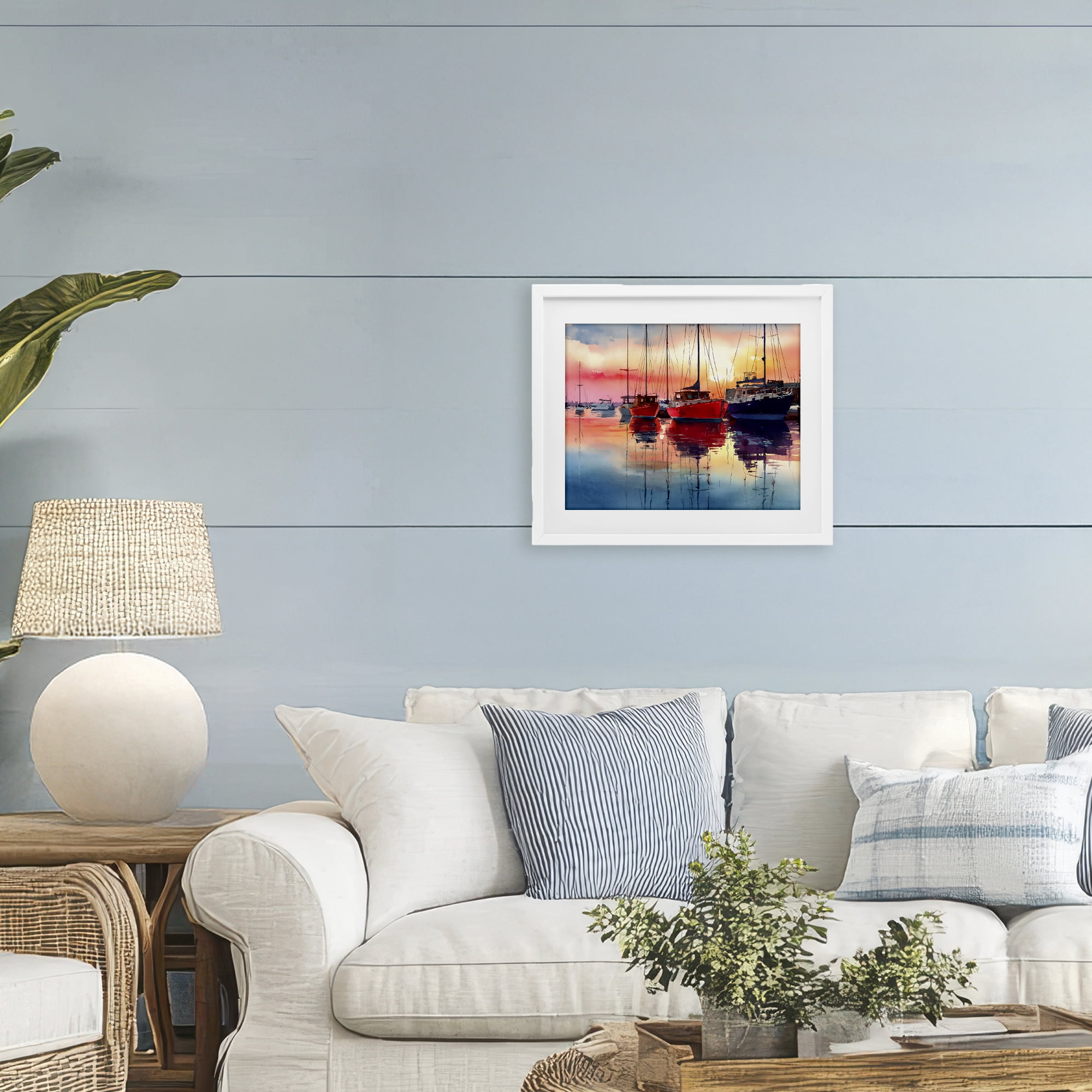 Stupell Industries Red & Blue Boats at Sunset White Framed Print Under Glass, design by Franklyn Gregory
