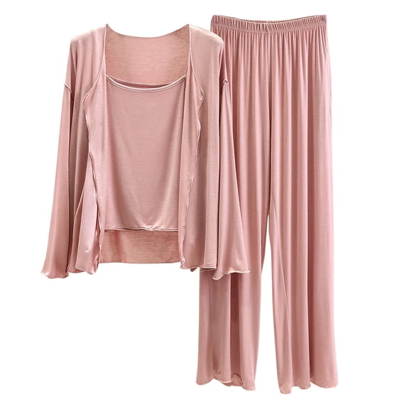 SwiftWear Women's Modal Pajama Set 3-Piece Sleepwear Lounge Set Comfy Crew Neck Long Sleeve Top with Cami & Pants, Soft Loose Fit Pajamas, Pink