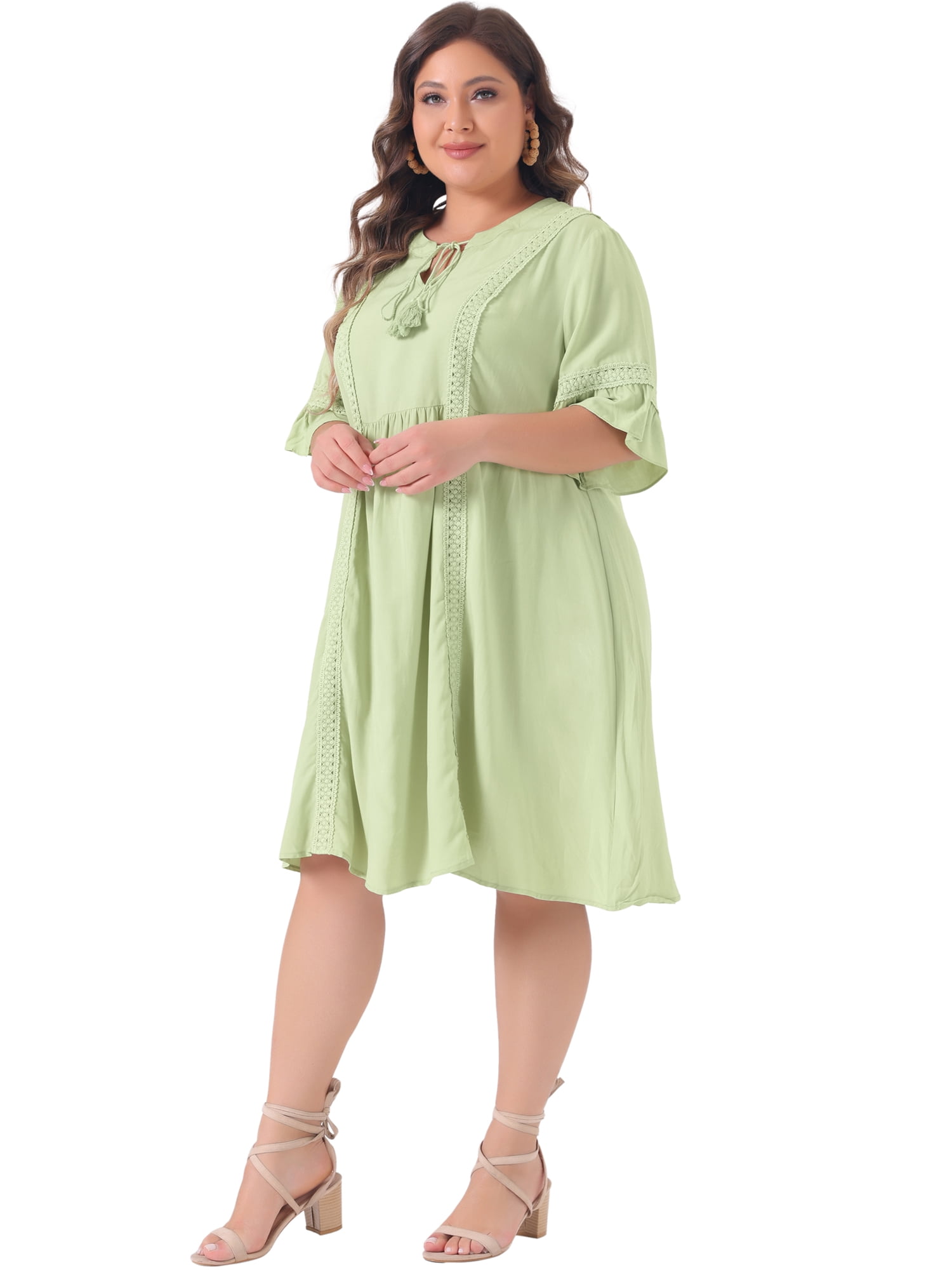DARING DIVA Plus Size Ruffle Short Sleeve Lace V Neck Midi Dress 1X Light Green