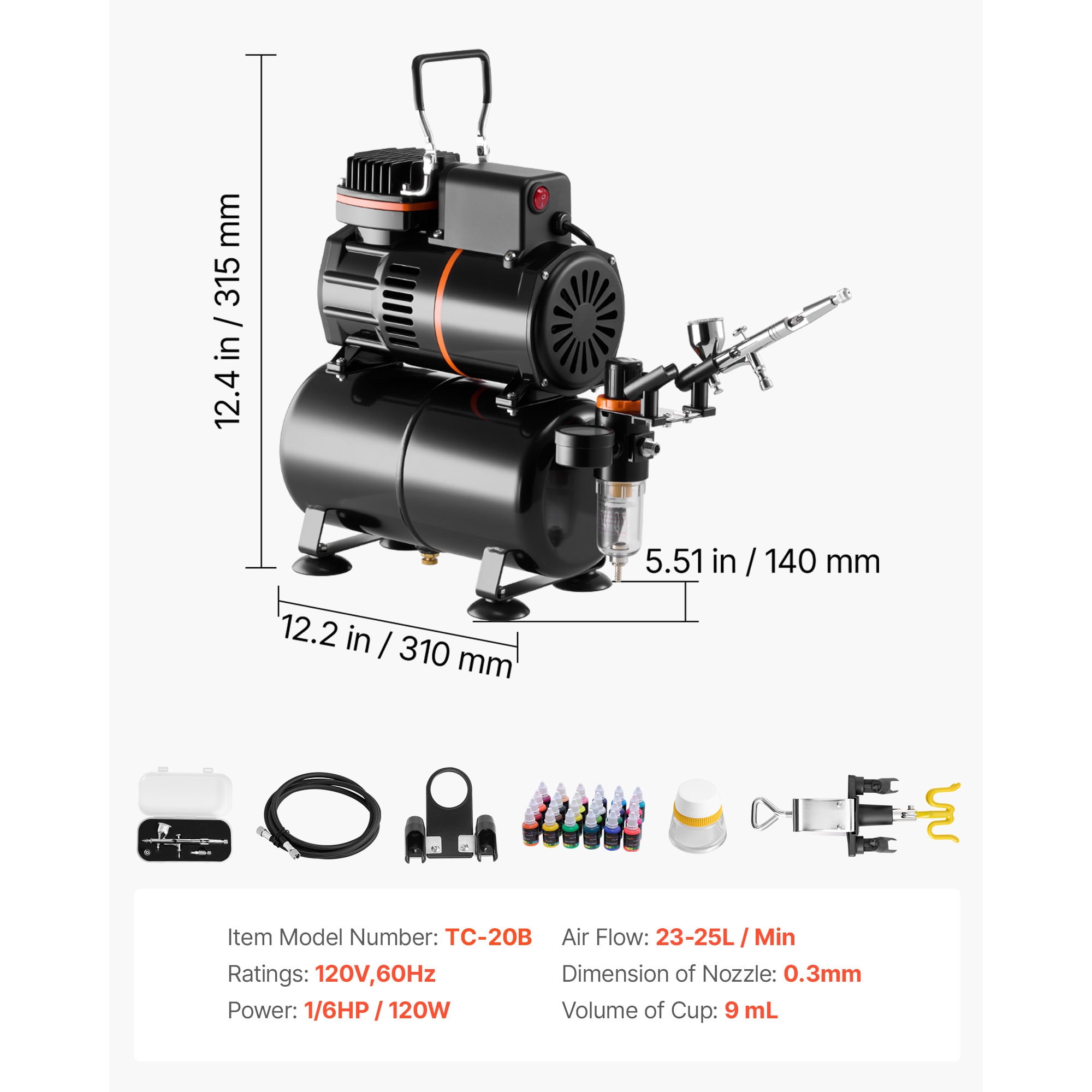 KFFKFF Airbrush Kit with Compressor and Tank, 1/6 HP, Includes Dual-Action Airbrush, Tip, Hose, Acrylic Paint, and Fans for Cake Decorating, Model Painting, and Nail Art