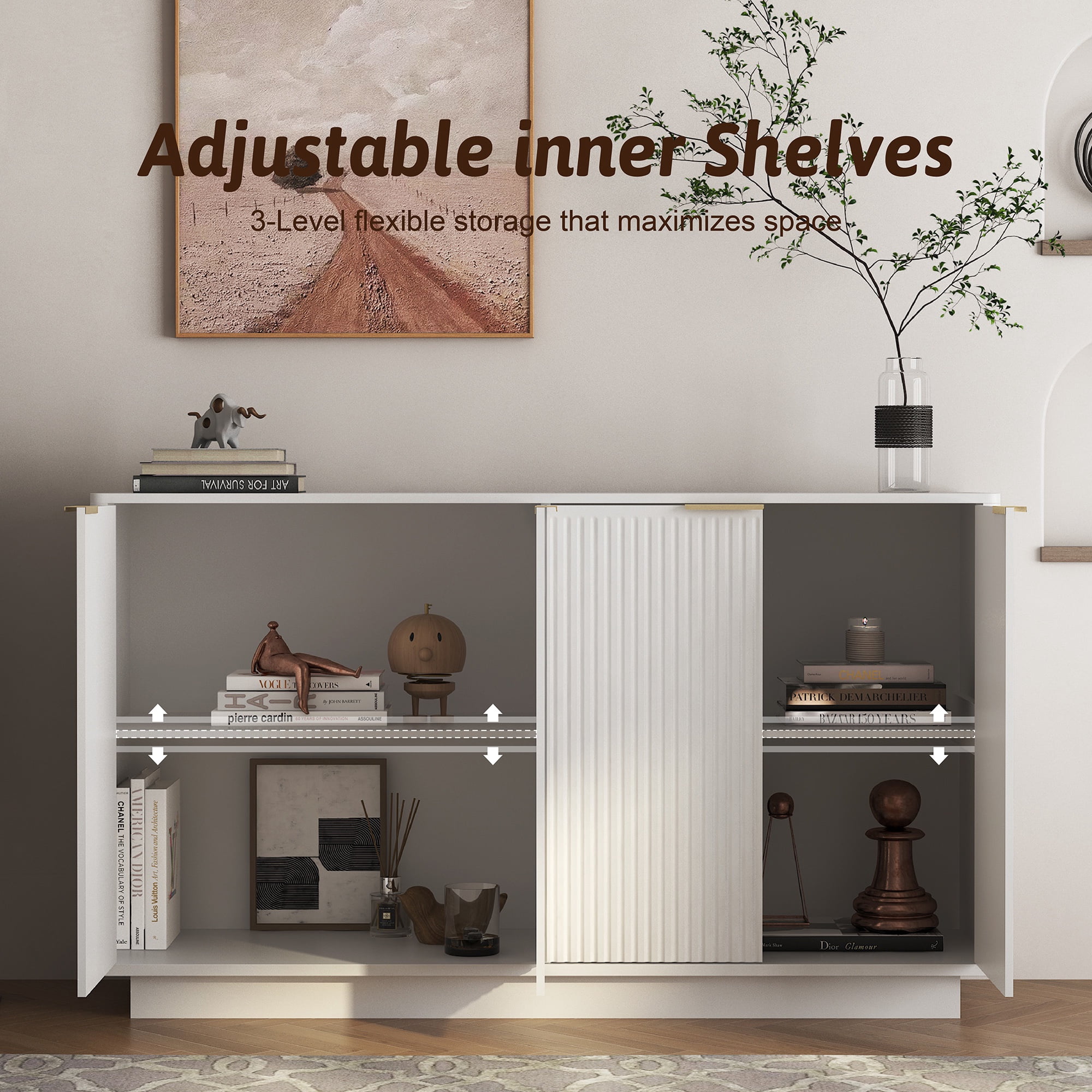 PORKISS 55.1" Fluted Sideboard, Modern Wood Buffet Cabinet with Storage, Accent Cabinet with Adjustable Shelves for Dining Room, Living Room & Entryway, White