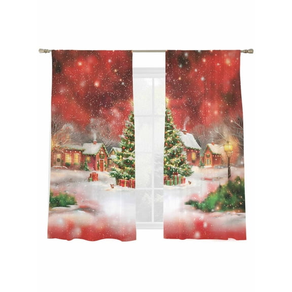 Christmas Sheer Curtains 2 Panels Set, Red View Christmas Tree Hut Light Golden Snowflakes Window Sheer Curtains for Living Room/Bedroom, Light Filtering Rod Pocket Voile Drapes, 52" W x 72" L