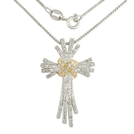 1/2 Carat T.W. Diamond Sterling Silver with 18kt Gold over Sterling Silver Ribbon Accent Cross Pendant, 20"
