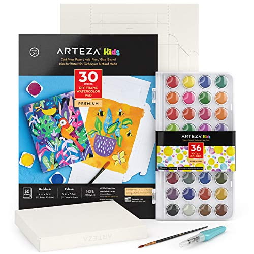 Arteza Kids Watercolor Painting Art Set, Watercolor Paint 36 and Foldable Canvas (ARTZ-3563)
