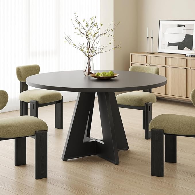 Farini 47" Round Dining Table,Wooden Kitchen Table with Metal Base, Seats 4–7, for Dining Room, Kitchen & Living Room, Black