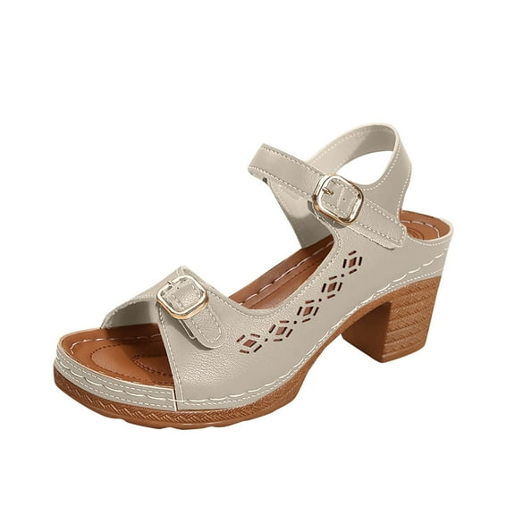 Womens Sandals Chunky Heel Gladiator Open Toe Summer Women's Trendy Solid Color Peep Toe Women Footwear Comfortable Walking Beach Sandals for Women White 7.5