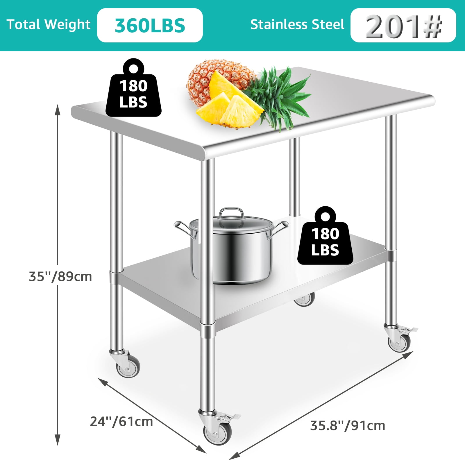 PRIJESSE Stainless Steel Work Table, 36 x 30 Inch Stainless Steel Table w/ Undershelf, Casters, Commercial Kitchen Work & Prep Table