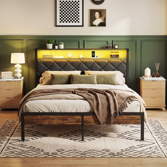 Vingud Queen Bed Frame with PU Headboard & Footboard, Bed Frame with Built-in Charging Station & LED Light, Storage Shelf, Noise-Free, No Box Spring Needed, Easy Assembly, Classic Black