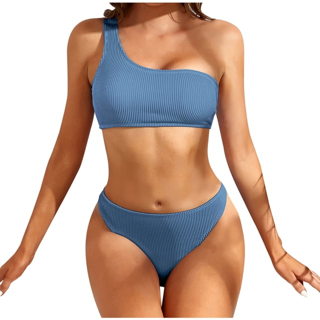 Ersazi Bathing Suit Lady Containing Chest Pad Solidt Bikini Set Two Piece Swimsuit On Clearance Navy L