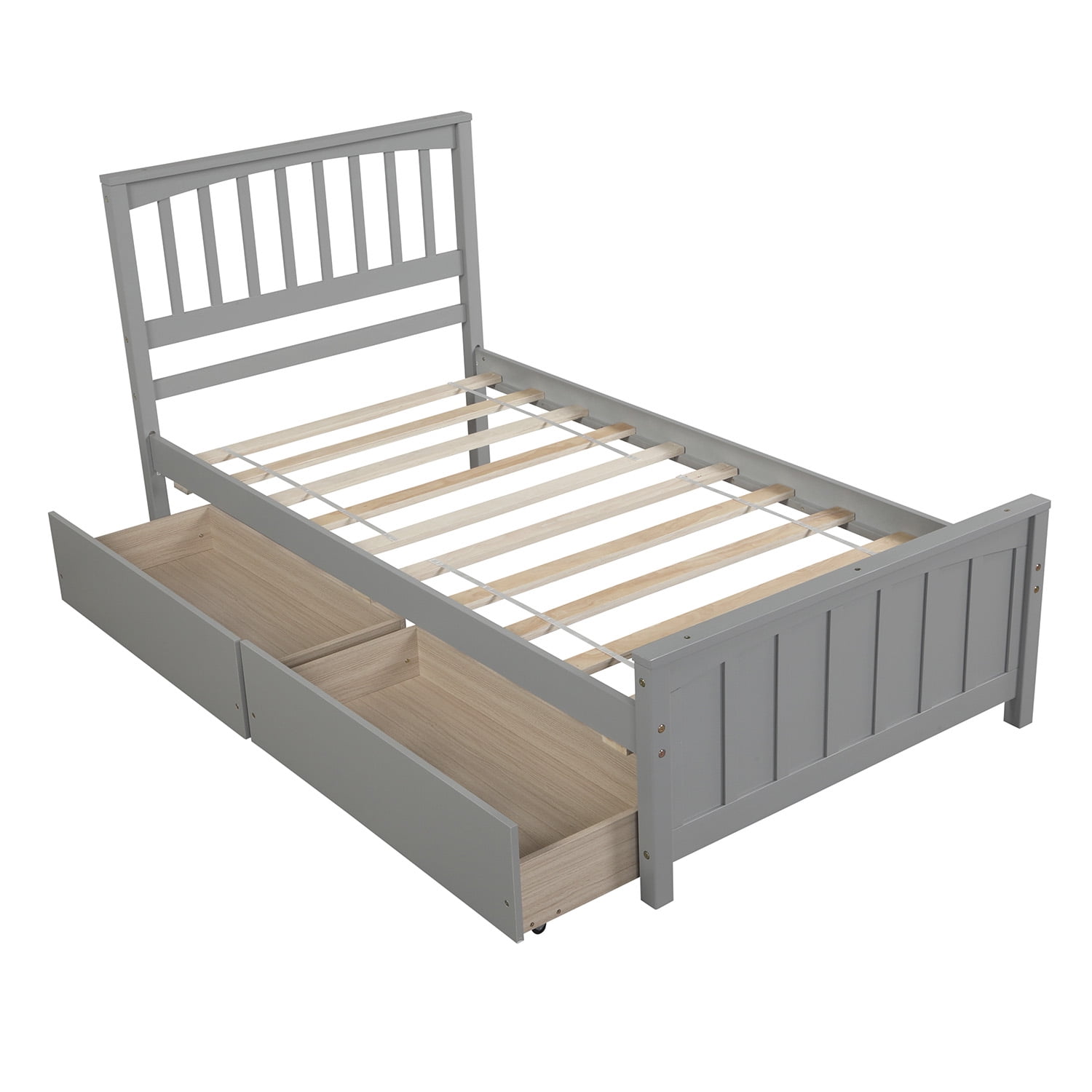 Mintazer Twin Size Platform Bed Frame with 2 Large Rolling Storage Drawers, Vertical Slatted Headboard & Panel Footboard for Kids Teens Adults Bedroom, No Box Spring Needed, Gray