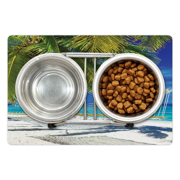 Beach Pet Mat for Food and Water, Hammock on the Sandy Beach Between Palm Coconut Overlooking Sea Nature Art, Non-Slip Rubber Mat for Dogs and Cats, 18" X 12", by Ambesonne