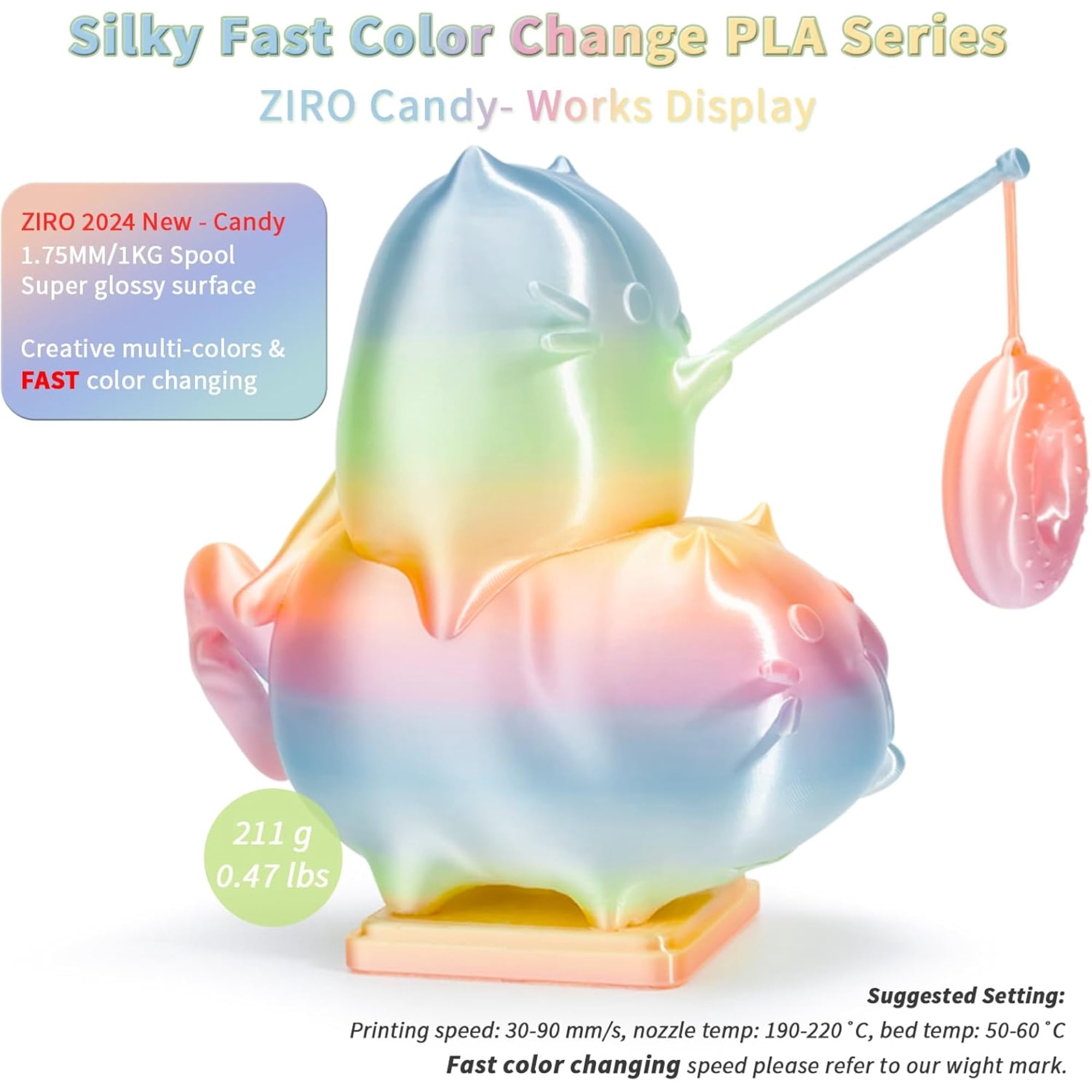 Ziro 3D Gradient Silk PLA Filament 1.75mm 1kg, Candy